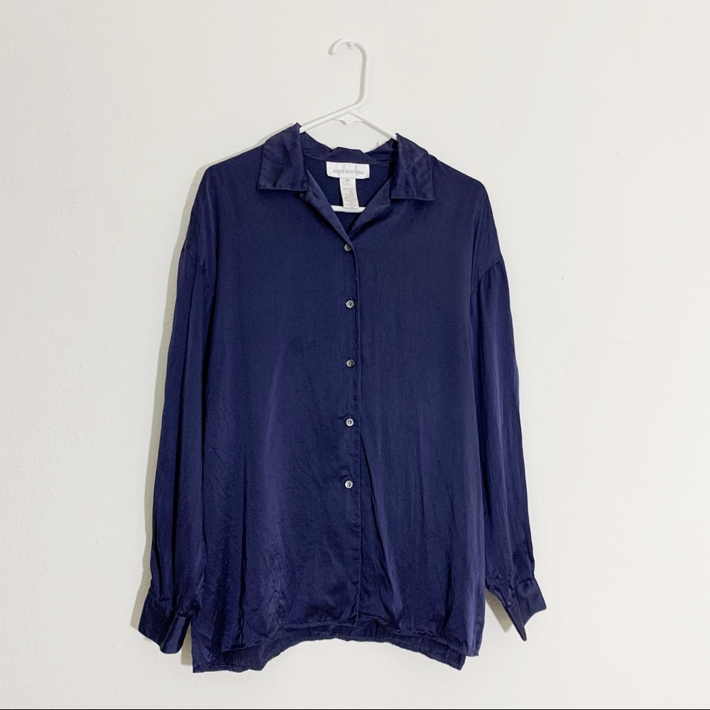Vintage Jones New York navy blue silk button down long sleeve plus size blouse